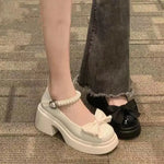 Women's Pearl Bow Platform Mary Jane Shoes Chunky Block Heel Sweet Lolita Japanese Style Casual Dress Shoes