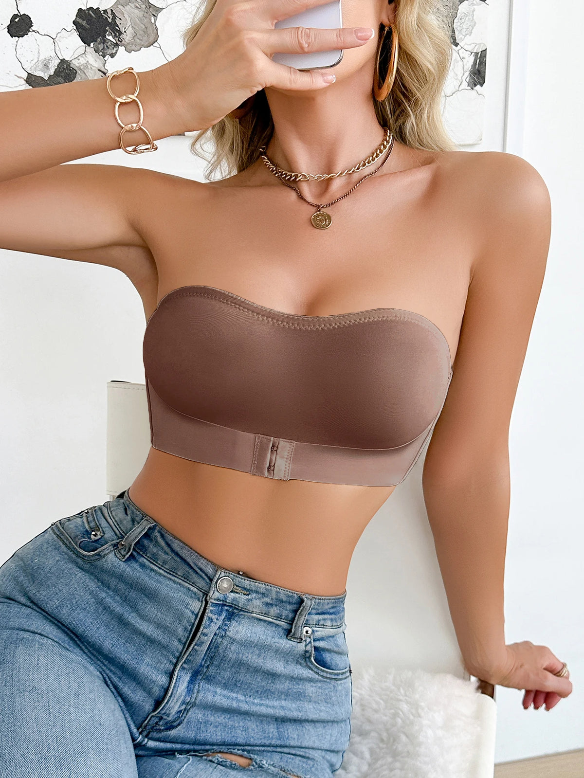 Daily Strapless and Wireless Women's Bra, Seamless Unlined Comfortable Push-up Trendy Solid Color Lingerie