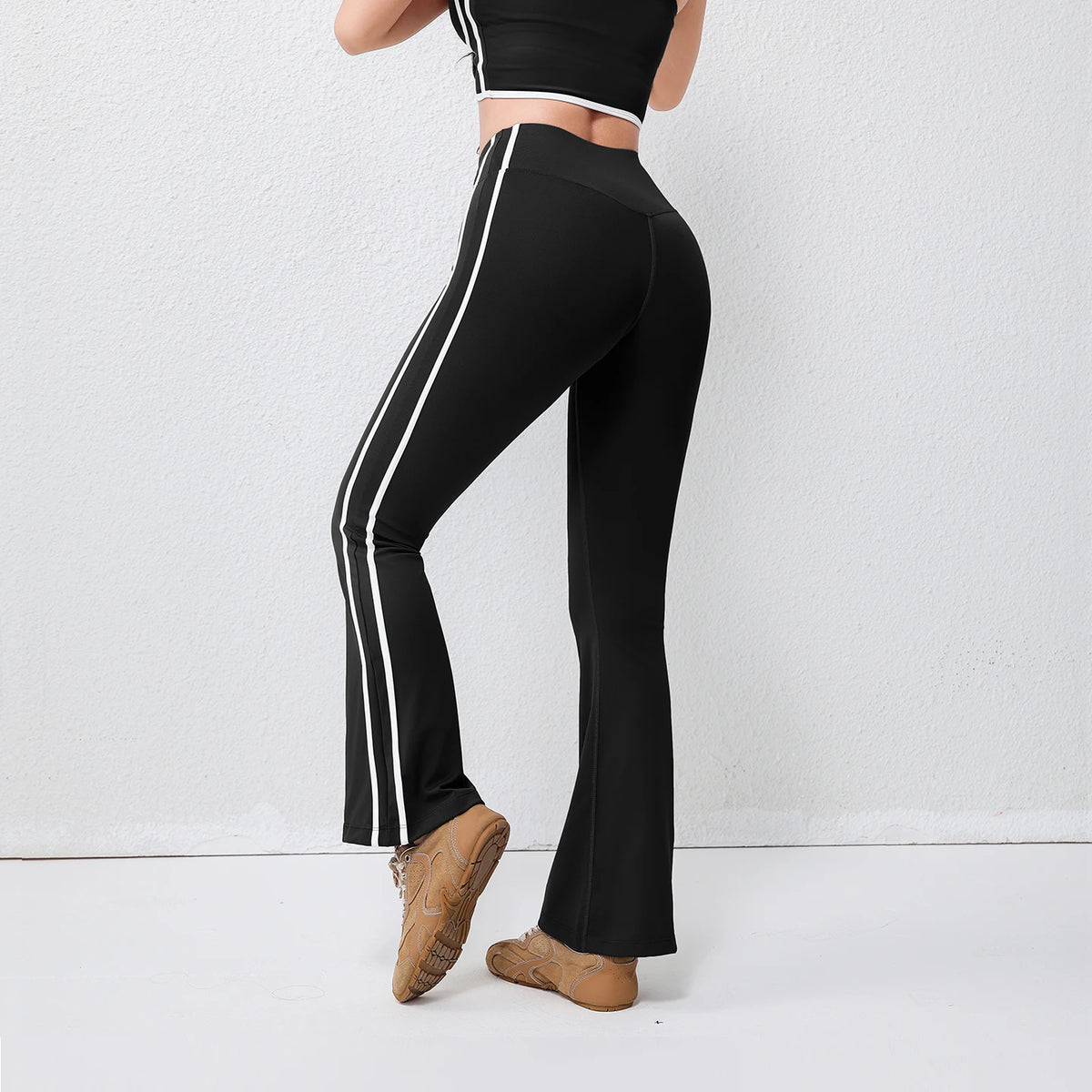 High Waist Striped Flared Yoga Trousers Tummy Control Hip Lifting Barefoot Running Elastic Waist Wrinkle-Resistant