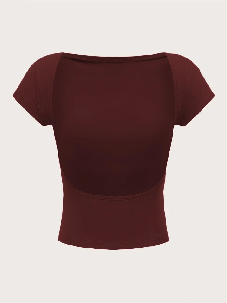 Women's O-neck Backless T-shirt Short Sleeve Solid Color Crop Top Summer Cute Baby Tee Y2K Clothes Bodycon Tunics Fashion Tank