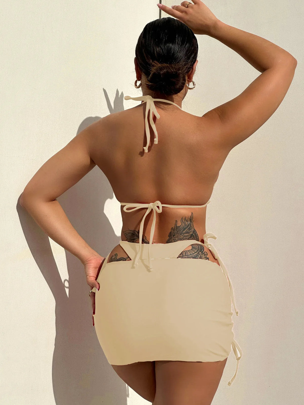 2026 Summer Leopard Print 3 Pieces Suit Swimwear Reversible Sexy Halter Lace-up Bikini Set Drawstring Skirt Cover Up Beachwear