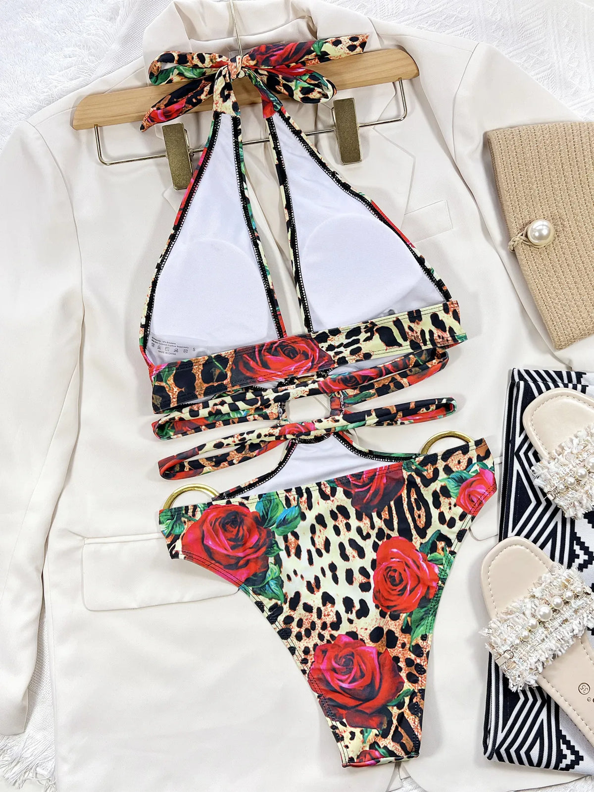 Sexy One Piece Swimsuit Swimwear Women Leopard Hollow Deep V-neck Halter Bathing Suit Beachwear Big Metal Ring Bikini 2026 Mujer