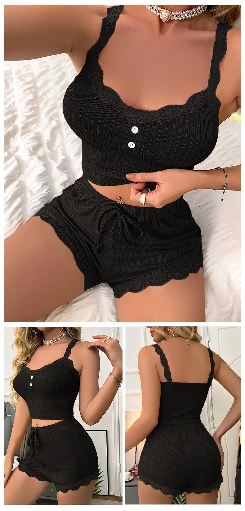 Sexy Women Summer Pajama Set Ribbed Lace Trim Backless Crop Cami Top and Shorts Slim Fit Sleepwear Nightwear Lounge Set