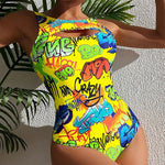 Vintage Yellow Abstract Print One Piece Swimsuit 2024 Women Hollow Out Holiday Bathing Suit Tummy Control Swimwear Beachwear