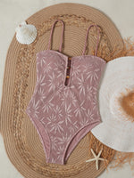 2026 Vintage Coffee Leaves Print One Piece Swimsuit Women Beaded String Hollow Out Backless Mesh Slim Fit Tummy Control Swimwear