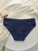Women Ribbed Cotton Briefs Lace Trim Mid Waist Panties Soft Breathable Rhinestone Star Decor Ladies Daily Basic Underwear W134