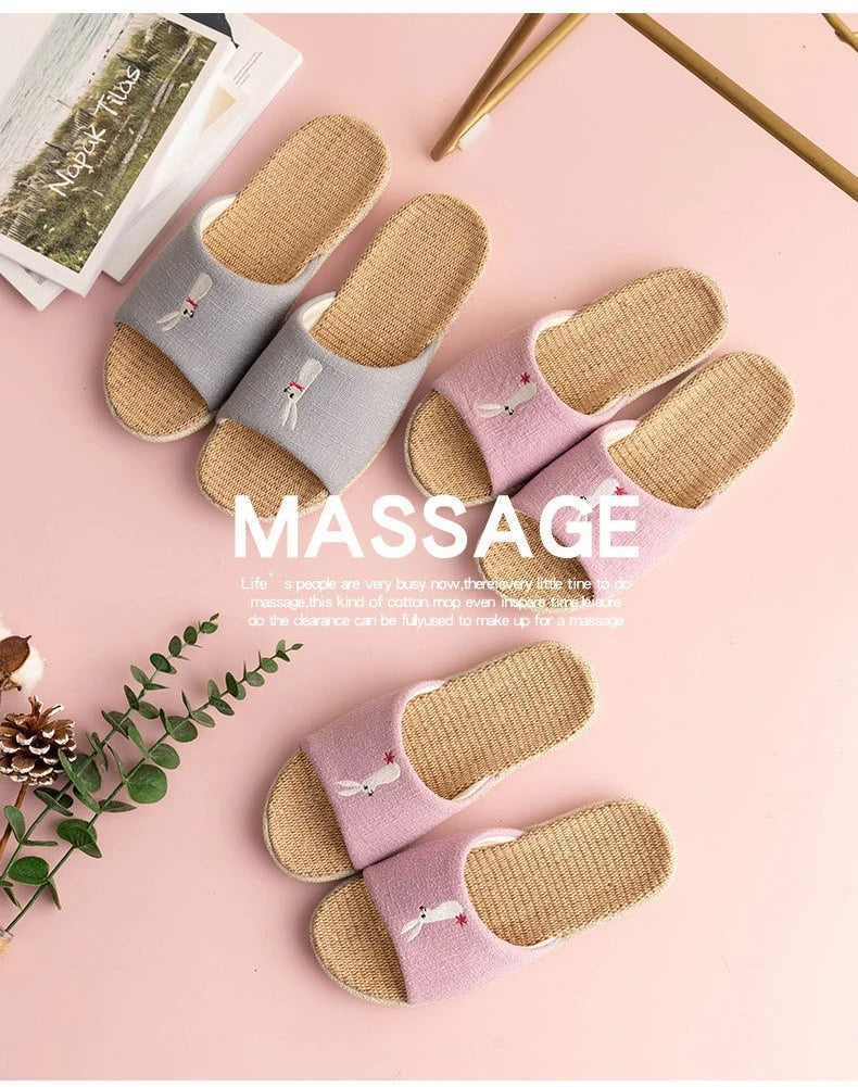 Breathable Cotton Flax Slippers For Women Men Indoor Shoes Anti-slip Light Weight Cute Cartoon Couples Home Floor Slides
