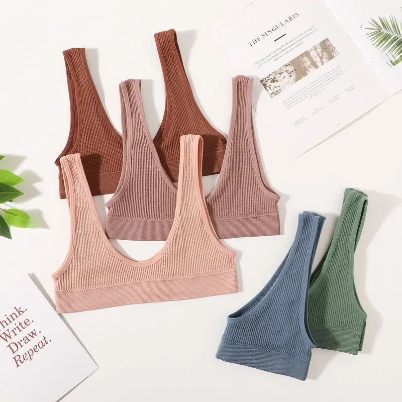 2Pcs/Set Women Non-wire Bra Crop Top Seamless Underwear Female Plunge Bra Tops Ribbed Sexy Lingerie Sports Intimates