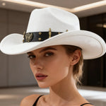 Summer Women Men Felt Cowgirl Hat with Belt Stylish Western Hat Casual Jazz Caps for Outdoor Party Club