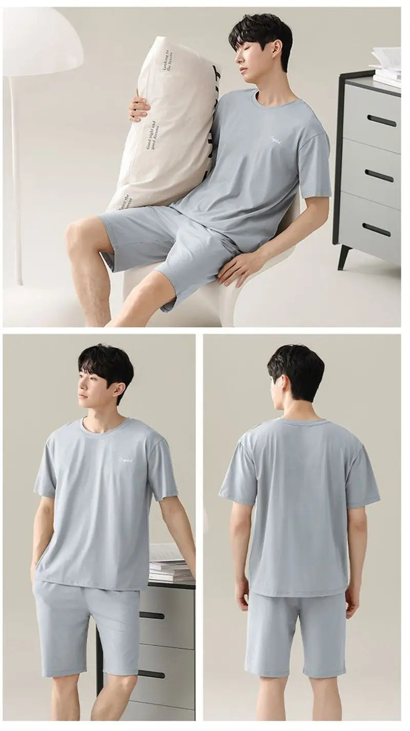 Men's Solid Pajama Plus Size Short Sleeve Round Neck Tee And Shorts Breathable Loose Fit Sleepwear Loungewear Summer Fashion Pjs