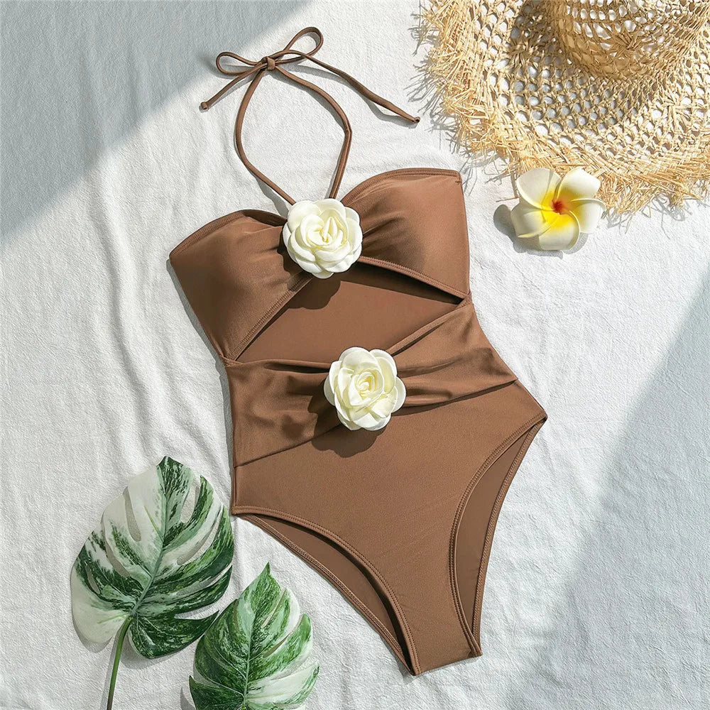 Sexy 3D Flower Hollow Out Swimwear One Piece Swimsuits Women 2026 Summer String Halter Monokini Swimming Bathings Suit Bather