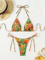 Tropical Print Bikini Set Women's 2026 New 2 Piece Swimsuit Sexy Triangle Halter Backless Thong Swimwear Beach Vacation Wear