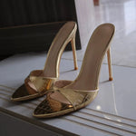Women's Gold Crocodile Embossed Metallic Stiletto Mules - Open Toe High Heel Sandals for Party, Summer & Evening