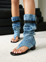 2025 Brand Plus Size 48 Trendy Denim Blue Gladiator Sandals Women Chic Black Chunky HeelsFashion Comfy Walk Summer Boot Shoes