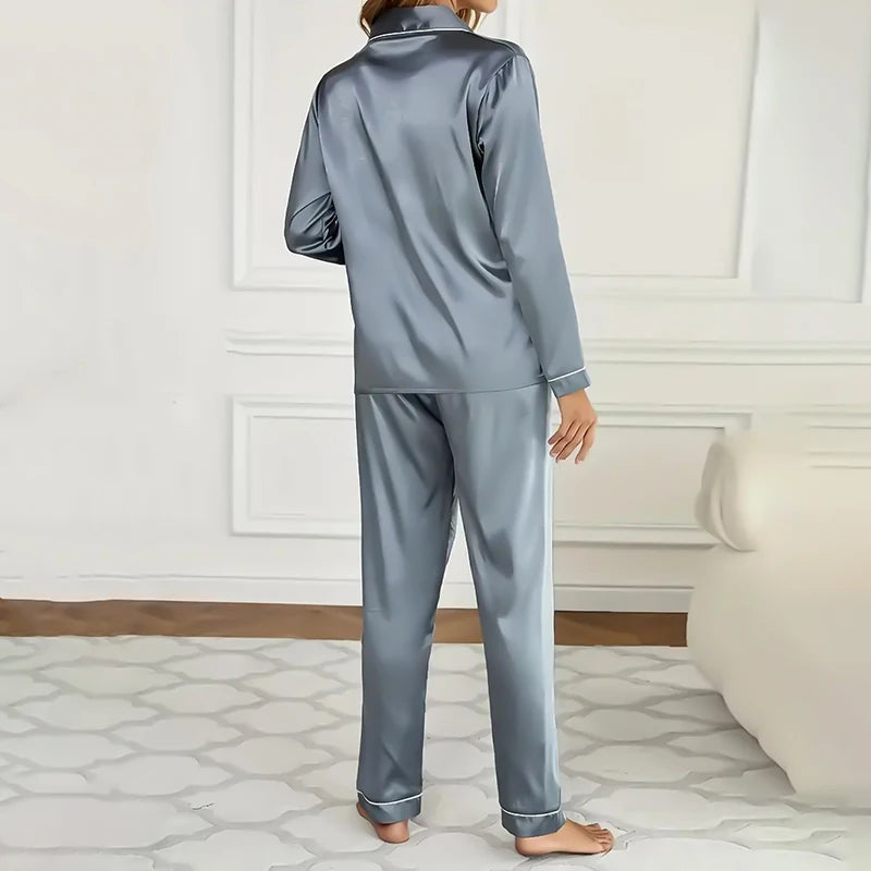 Women's Luxurious Satin Pajamas Pj Set Turn-down Collar Button Tops & Pants Sleepwear & Loungewear for Summer Home Clothes Suit