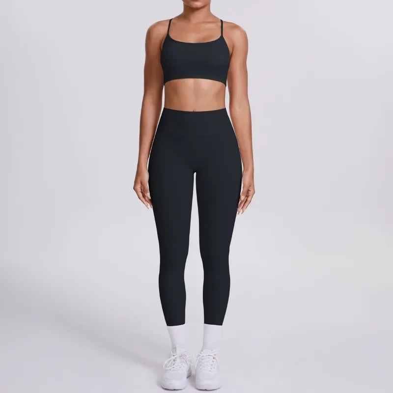 Women's Seamless Yoga Set Cross Back Sports Bra & High Waist Booty Lifting Yoga Leggings Gym Running Fitness Workout Outfit