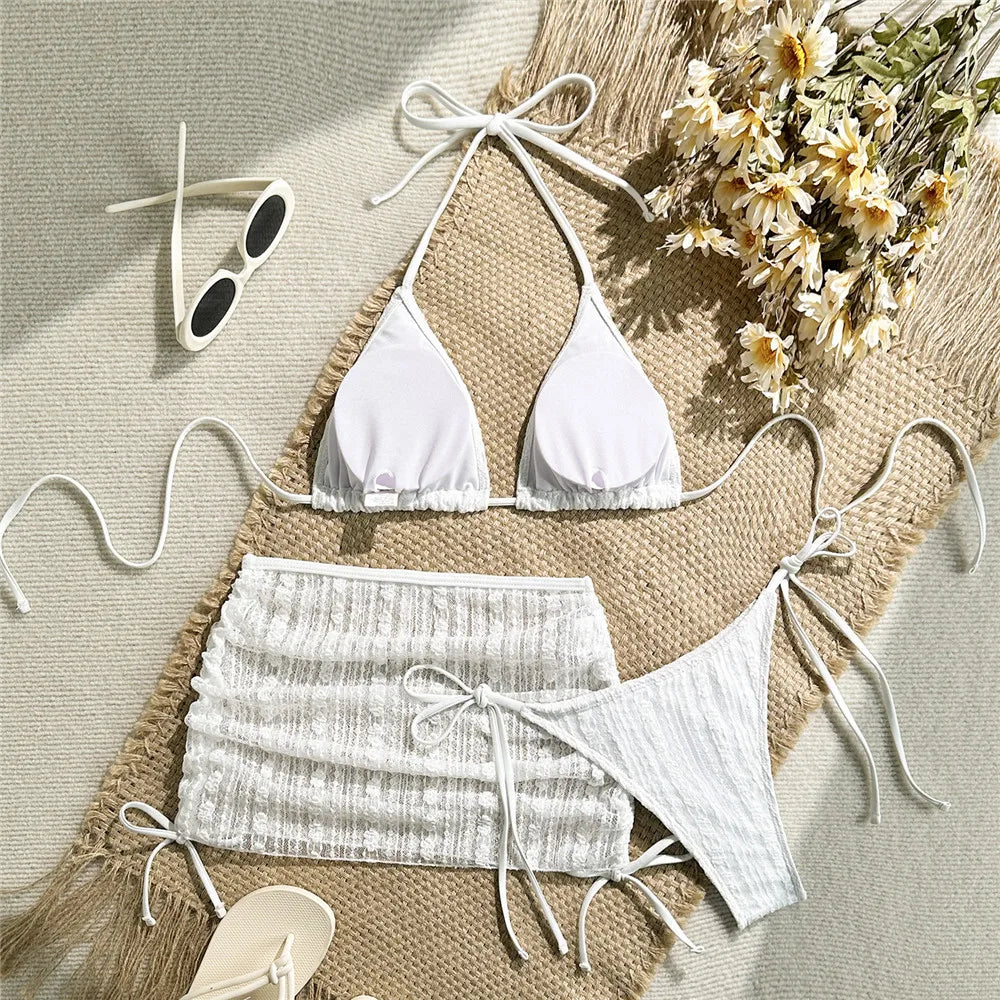 Beige Mesh Cover Ups Swimwear Halter String Triangle Bikinis Sets 3 Pieces Micro Thong Sexy Swimsuit Women 2026 Bathing Suit