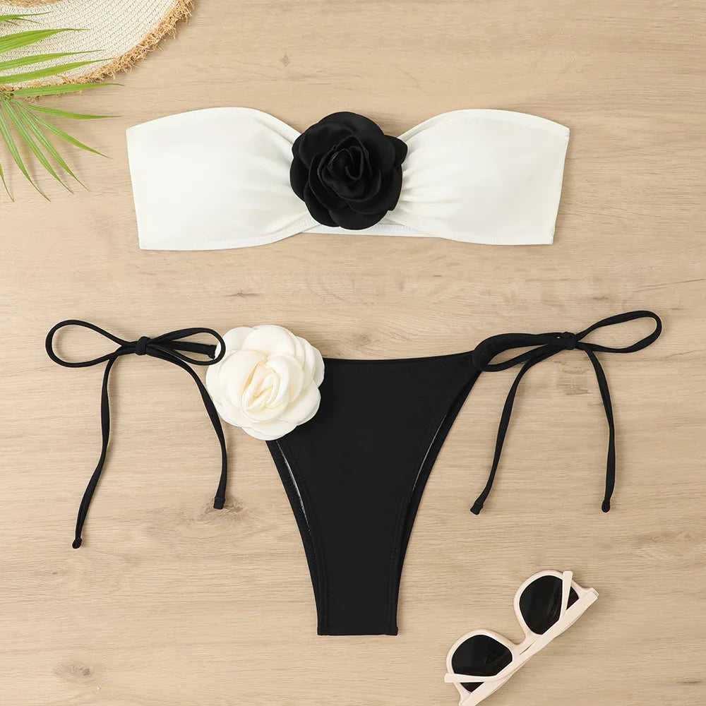 Sexy Bikini Set 2025 Bandeau 3D Flower White Black Contrast Push Up Micro Swimsuit Brazilian Cut Out Bathing Suit Thong Swimwear