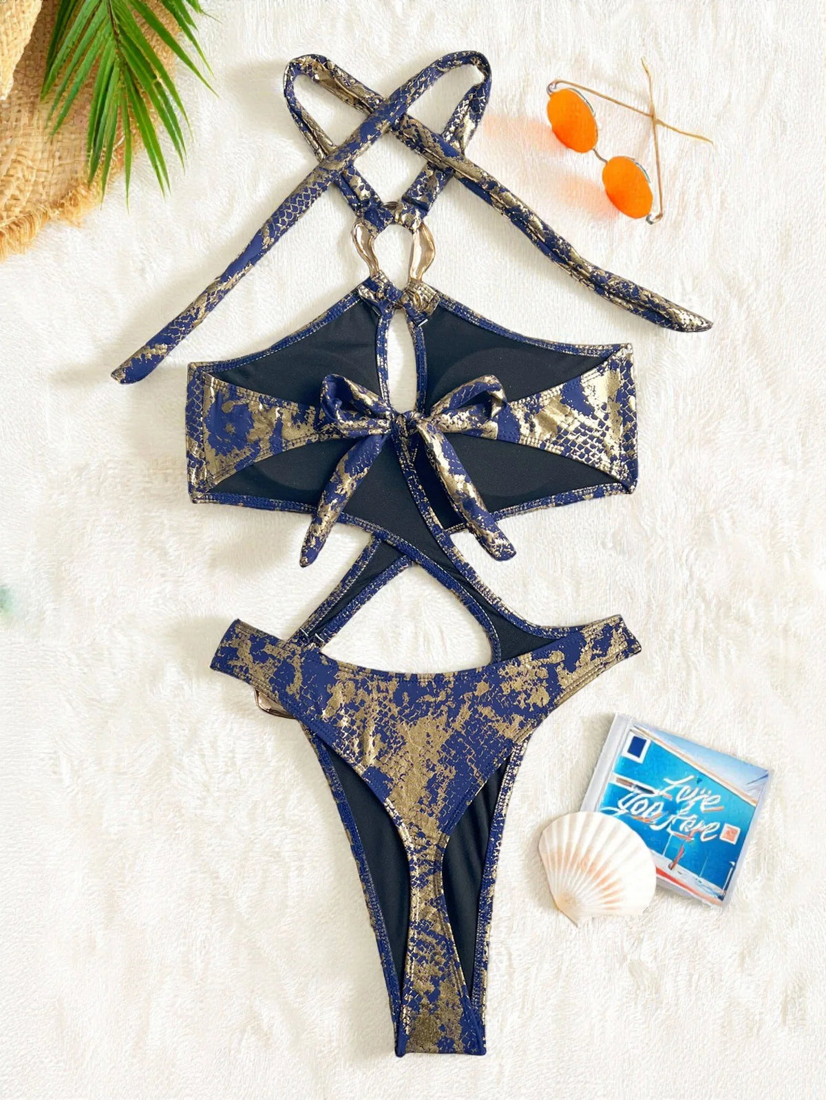 Shiny Blue Snakeskin Print One Piece Swimsuit Women 2026 Sexy Hollow Out Backless Metal Cross Bathing Suit Swimwear Monokini