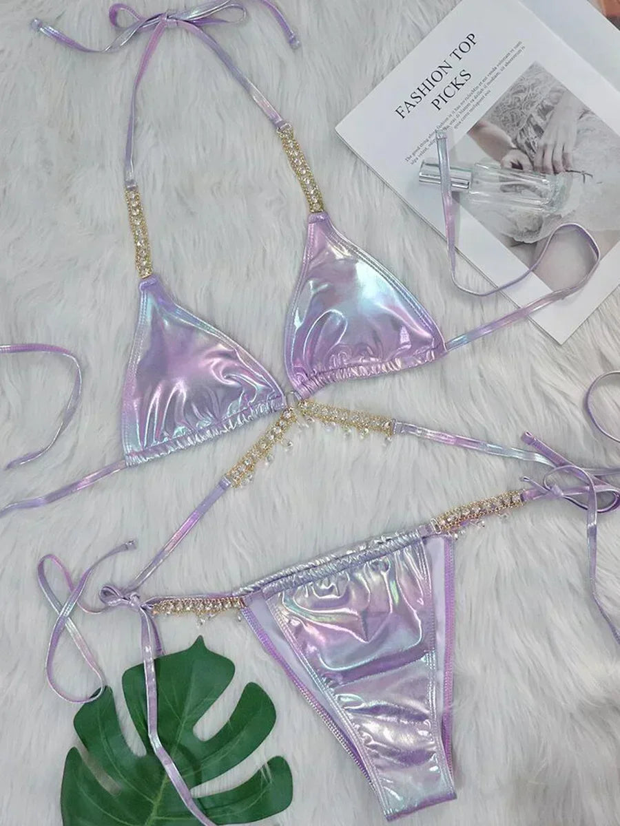 Wrap Around Halter Metal Chains Bikinis 2025 Diamond Bikini Women Swimsuit Female Swimwear Two Pieces Bikini set Bathing Suit