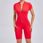 Padded Backless Yoga Cycling jumpsuitWomen Zipper GYM Sportswear Fitness One Piece Sports Suit V Back Workout Playsuit