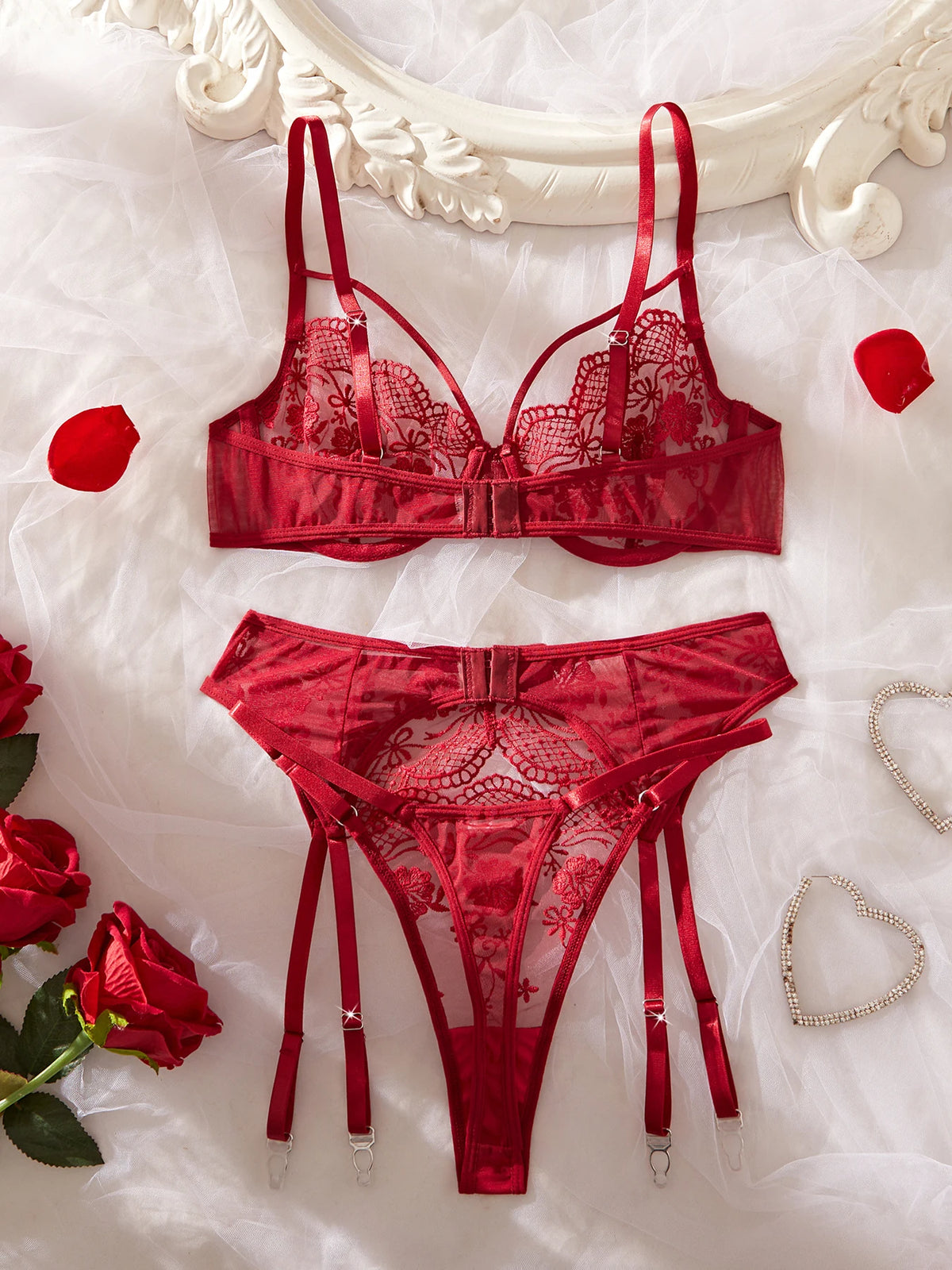 Red French Lace Embroidery Bra Set with Garter Belt Three-Piece Ensemble Sexy Underwear for Women