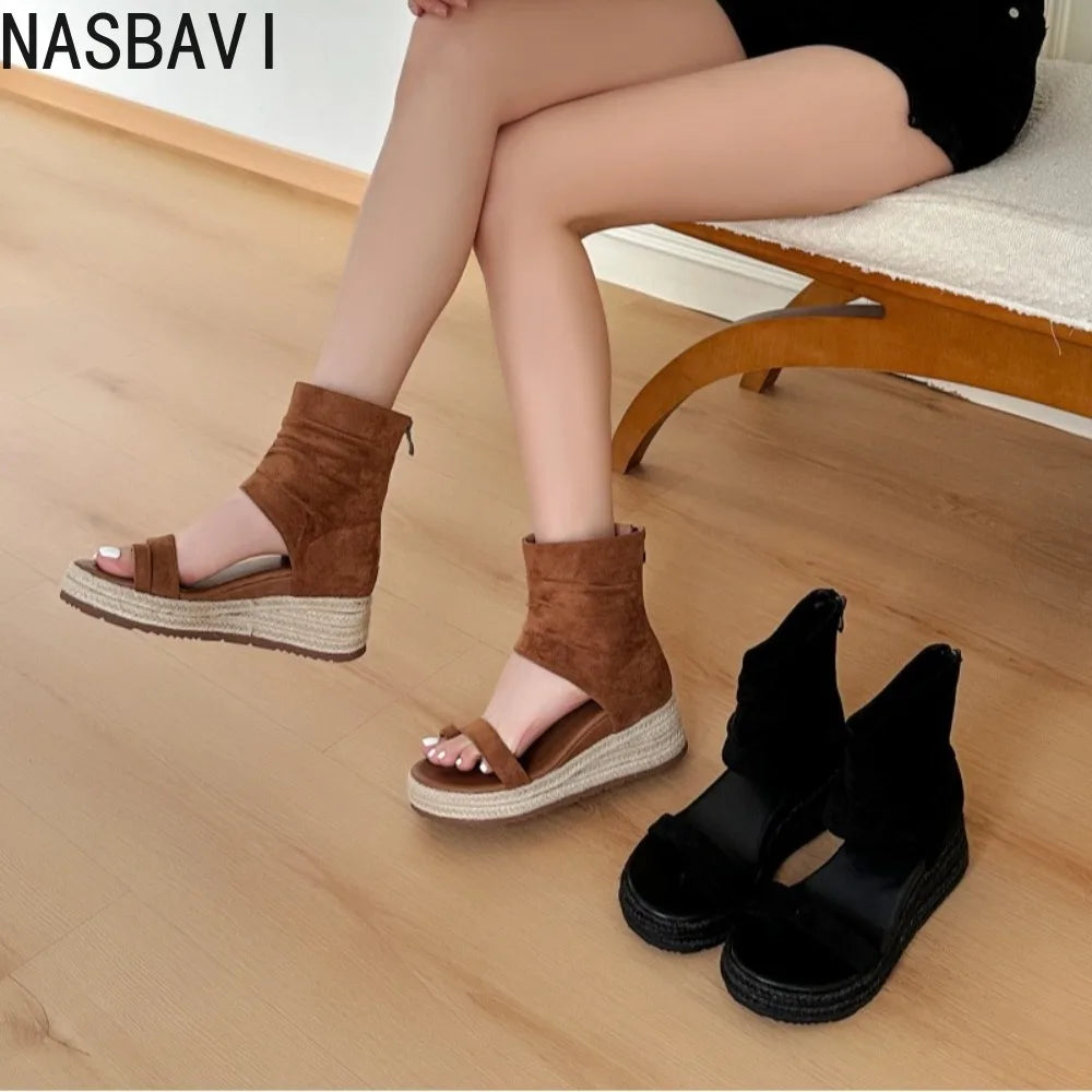 Women's Wedges Woven Platform Sandals Thick Bottom Heightening Summer Fashion Suede Retro Roman Gladiator Ankle Sandals Boots