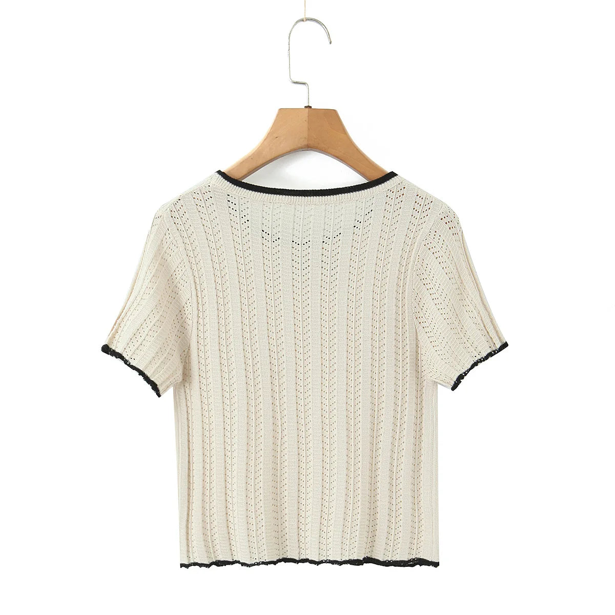Fashion Casual Knitted Shirt With Black Trim Bow Knit T Shirt Short Sleeve Hollow Out Crew Neck Top For Women Daily Outfit EMZE