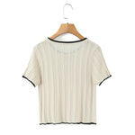 Fashion Casual Knitted Shirt With Black Trim Bow Knit T Shirt Short Sleeve Hollow Out Crew Neck Top For Women Daily Outfit EMZE