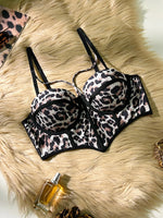 Hot Leopard Print Women's Corset Bra, Strappy Push up Bra Bustier Sexy Crop Top for Party