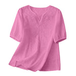 Women Summer Loose Embroidered V Neck Solid Color Short Sleeved Comfortable Button Down Shirt Top женская одежда