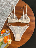 French Style Beige Lace Bra and Panties Set Women Sexy Eyelash Lace Underwear Transparent Mesh Two Piece Lingerieeige