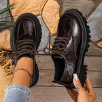 Women Lace‑Up Platform Oxford Shoes Chunky Lug Sole Round Toe Glossy Matte Retro Preppy JK School Casual Dress Shoes