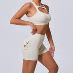 Seamless Yoga Sets Sports Fitness Peach Hip-lifting Pocket Shorts Cross Beauty Back Vest Suits Workout Gym Shorts Sets for Women