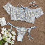 Porn Suit Women Sexy Lingerie Underwear Lace Floral Embroidery Off-Shoulder Transparent Tops Bra+Thong Set Exotic Outfits