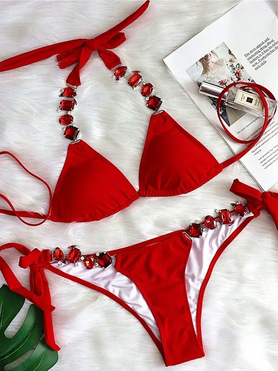 Halter Crystal Rhinestone Diamond Bikini 2026 Female Swimsuit Women Swimwear Two Pieces Bikini set Brazilian Bathing Suit Swim
