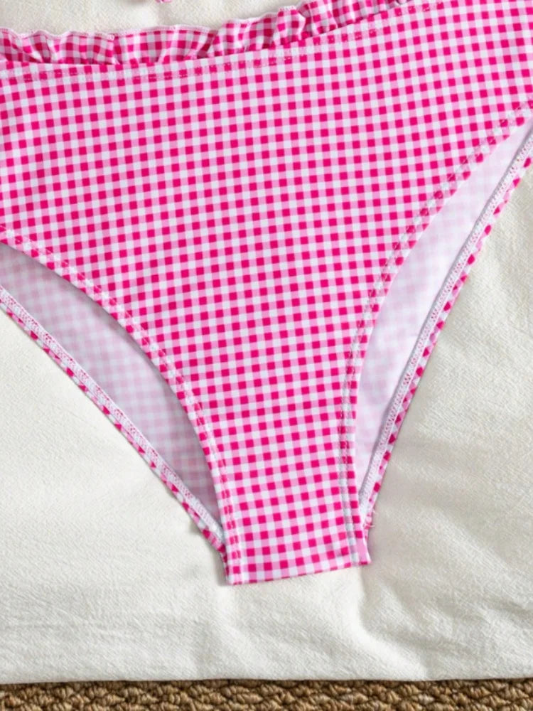 Vintage Coffee Plaid Print Bikini Set Women Bandeau Front Tie Push Up Bra High Waist Swimwear 2026 Beach Bathing Suit Swimsuit