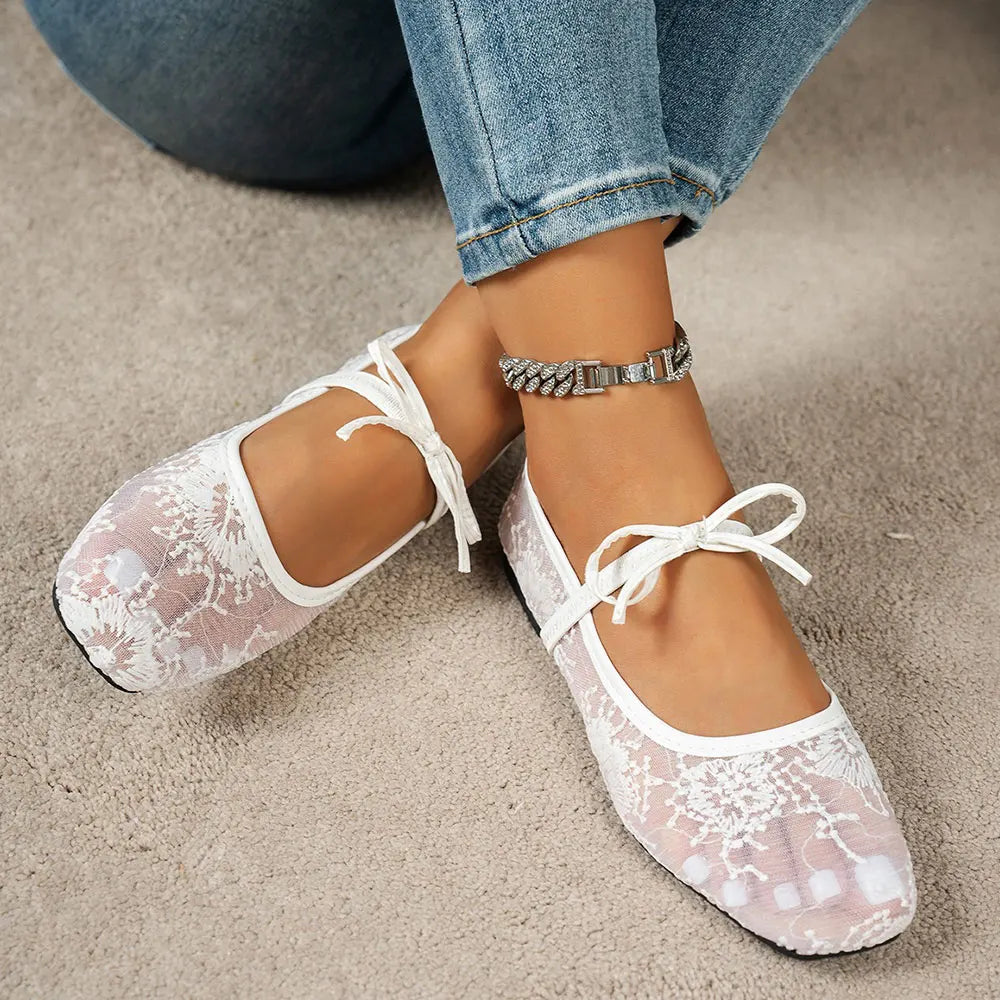 BigSize 43 Breathable White Lace Mary Jane Flats Women Comfy Walk Square Toe Casual Office Lady Ballet Flats Shoes Daily Wear