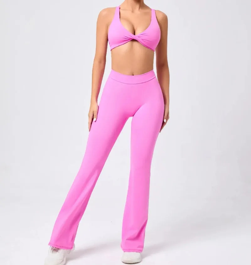Women's Seamless Yoga Sets Brushed Fabric Flared Hip-Lifting Pants Cross Beauty Back Bra Suits Gym Workout Fitness Training Sets