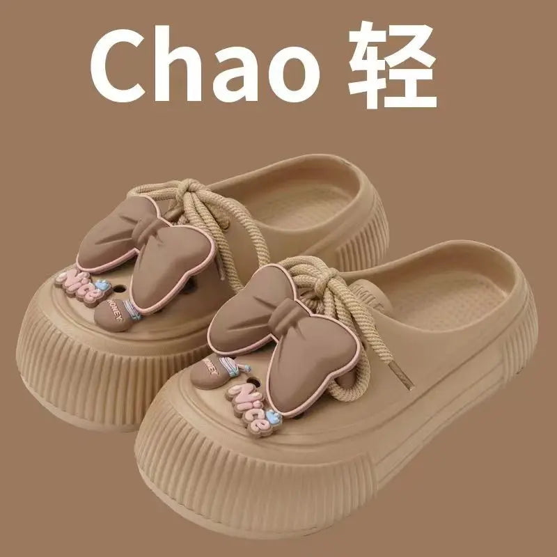 2025 New Slippers DIY Bow Platform Sandals for Women Summer Thick Sole Beach Slides Woman Flowers Non Slip Clogs Garden Shoes