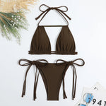 Sexy Bikini 2024 Women Black Brown Halter Hollow Out Push Up Micro Swimsuit Brazilian Bathing Suit Tie Side Triangle Swimwear