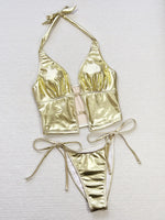Sexy Gold Leather Micro Bikini 2026 Women Sexy Hollow Out Push Up Top Bandage Thong Swimsuit Summer Bathing Suit Hoiday Swimwear