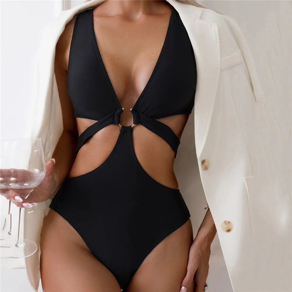 Black Bandage Hollow Out Swimwear One Piece Swimsuit Women Push Up Metal Ring Linked Monokini Bathing Suit Swimming Wear 2026