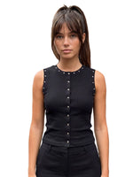 Summer Women's Studded Tank Tops Casual Stylish Button Down Crew Neck Slim Fit Sleeveless Vest Ribbed Gothic Punk Street