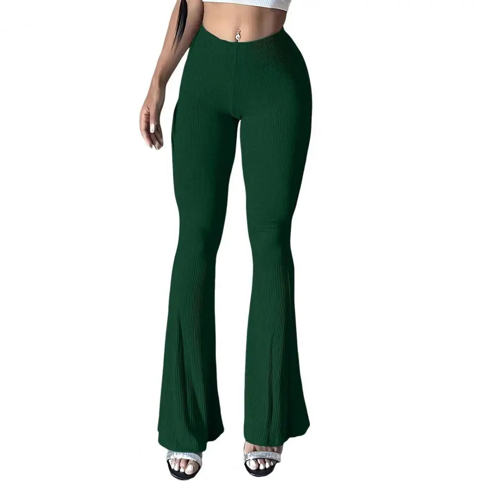 Women Flared Pants Yoga Running Cycling Trousers Elastic High Waist Solid Color Long Pants Ribbed Texture