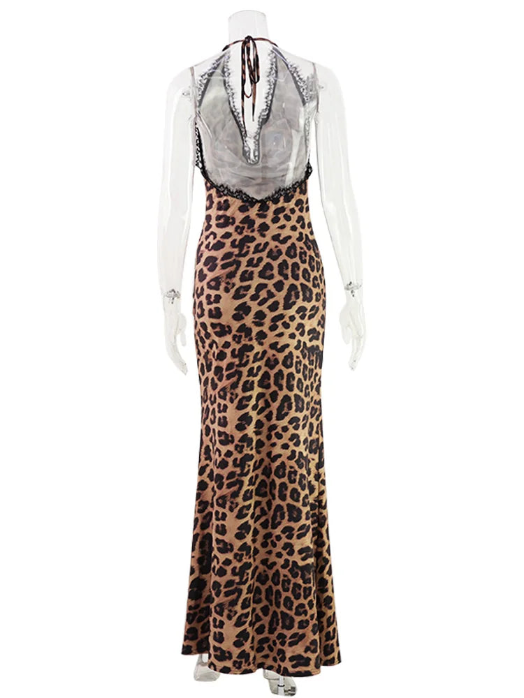 Ahagaga Sexy Women's Maxi Dresses Leopard Halter Backless Bodycon Slim Fit Deep V-Neck Bandage Print Party Eelgant Vestidos