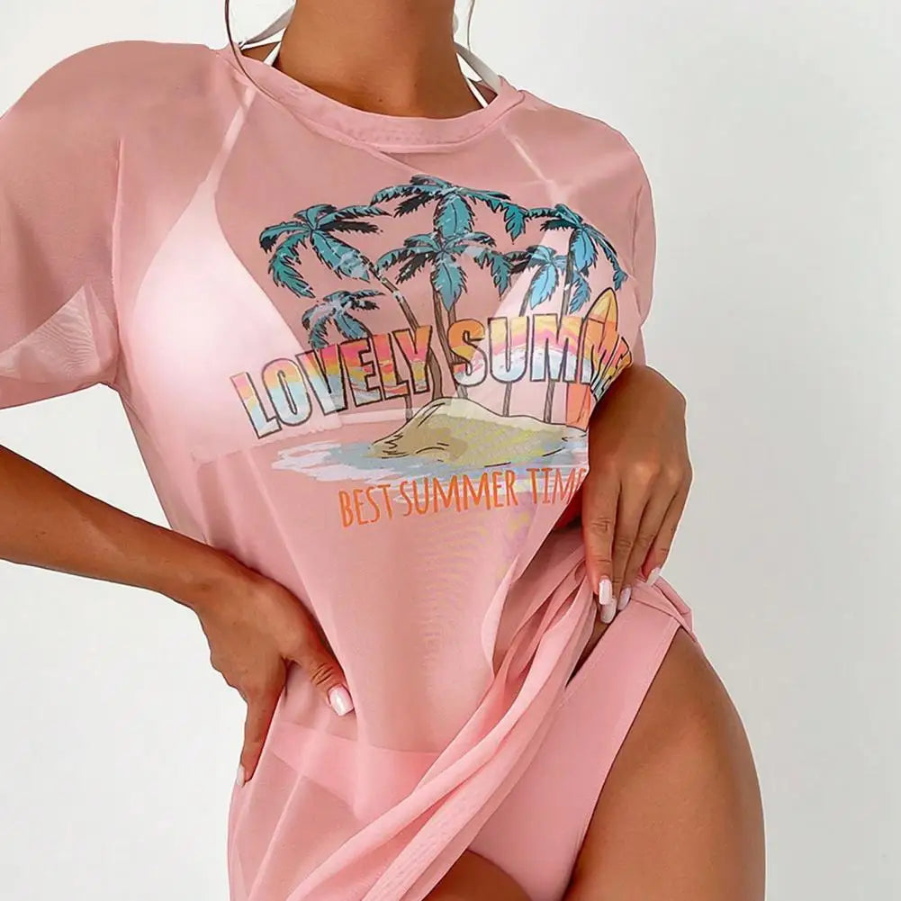 3Pcs/Set Summer Women Bikini Set Solid Color Halter Bra Low-rise Briefs Lace-up See-through Tropical Print Bathing Suit