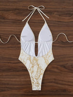 2025 Snake Skin Deep V Neck Backless One Piece Swimsuit Women Swimwear Female Halter High Leg Cut Bather Bathing Suit Swim K7412