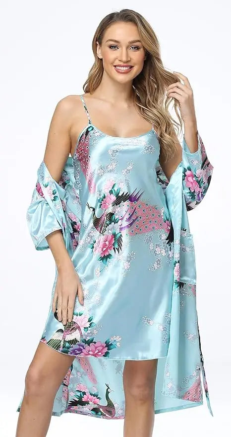 Women's Floral Satin Kimono Robe and Nightgown Set with Camisole 2 Piece Sleepwear Peacock Bathrobe