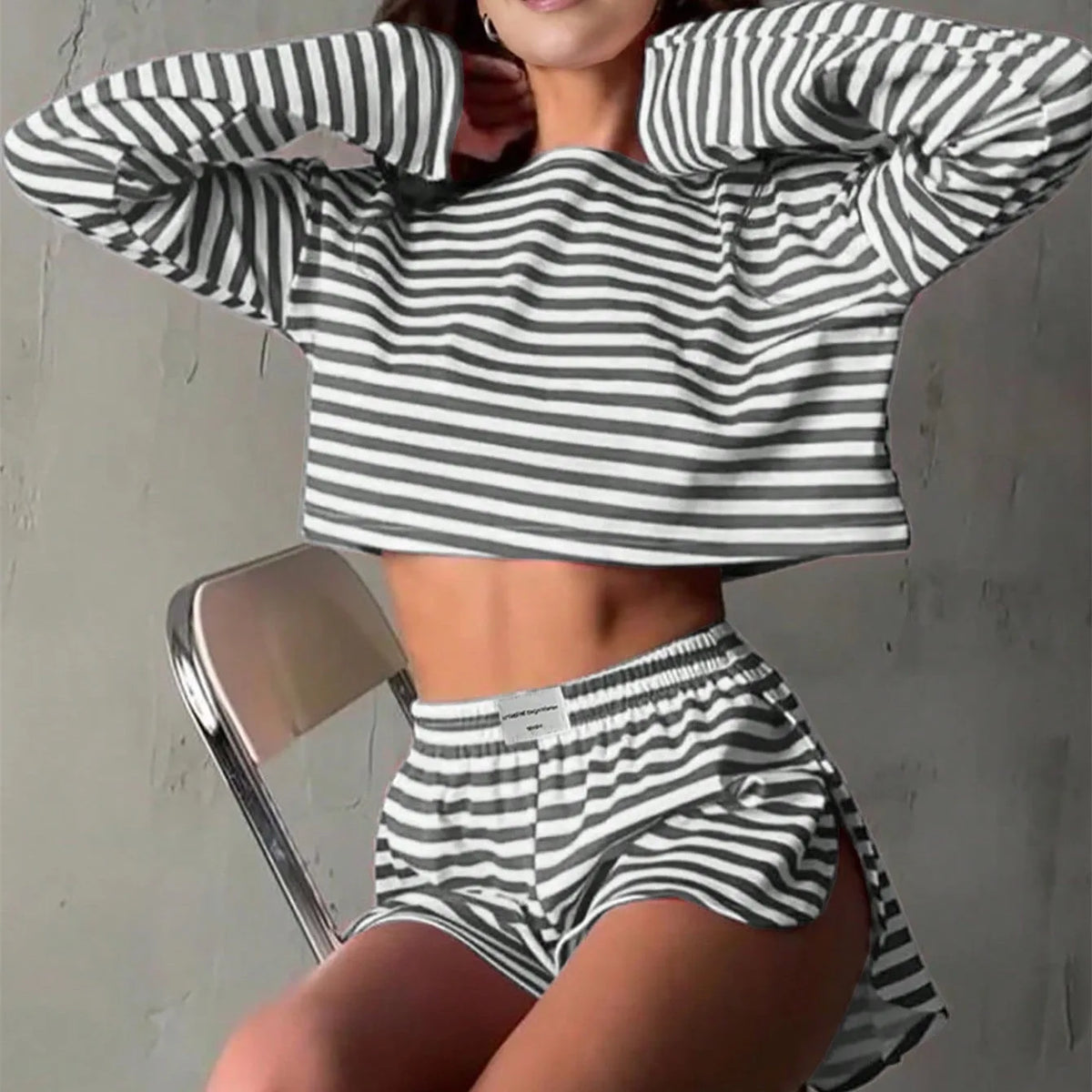 Summer Striped Pajama Sets for Women Sleepwear Long Sleeve Top and Shorts 2 Piece Set Casual Home Wear Loungewear